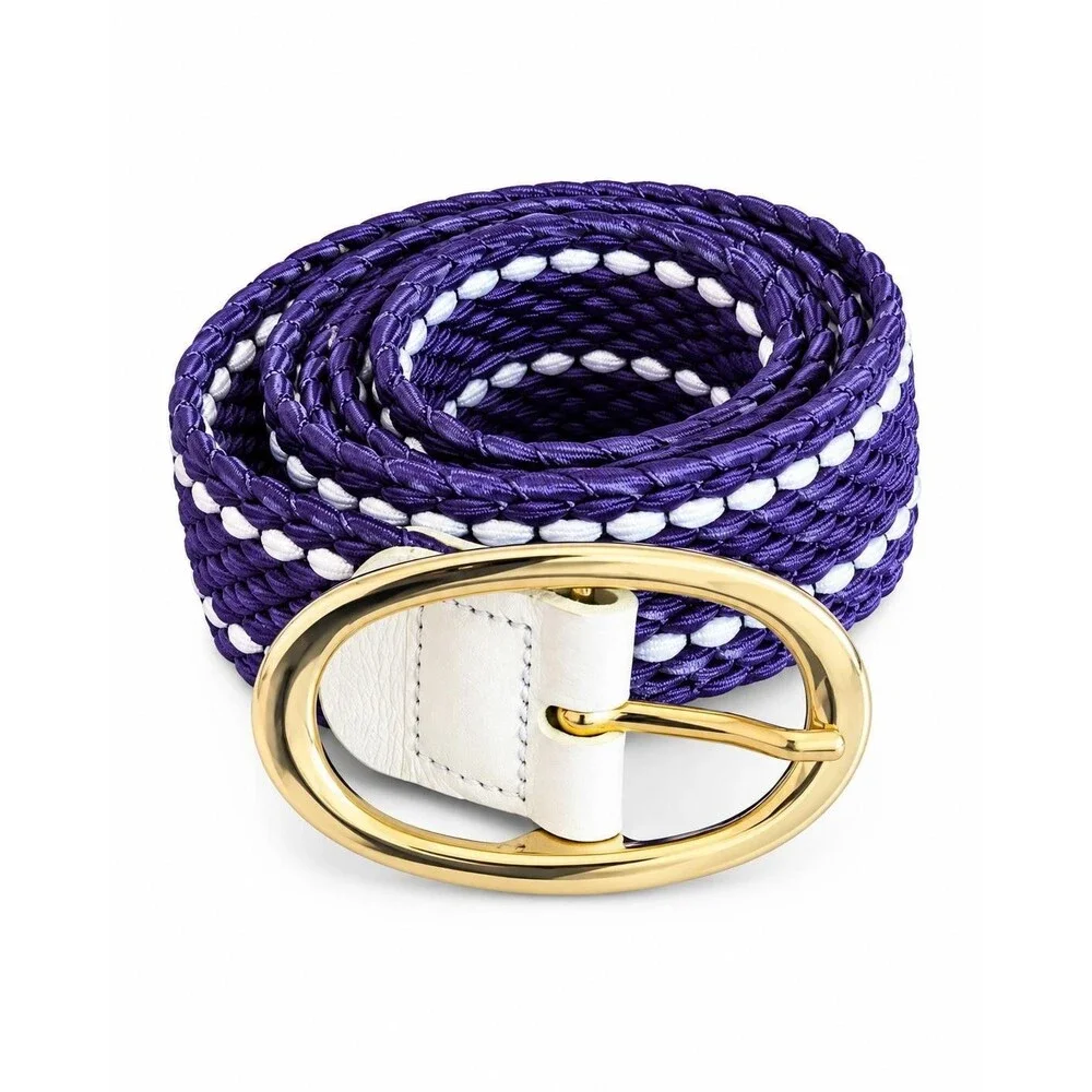 Golfabella Women Purple White Wovem Elastic Stretch Belt Gold Buckle L/XL Italy